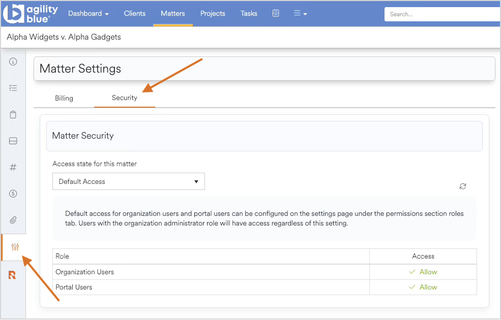 Matter settings page showing security options and user access roles.
